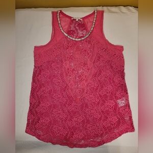 Miss me Pink Boho Western Crochet Floral Open Knit Beaded Top sz M MDT717T